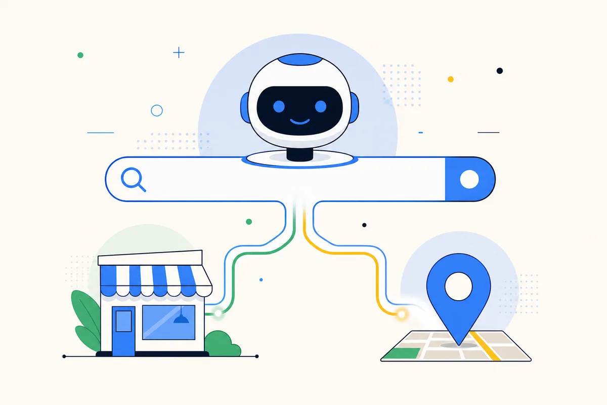 AIアシスタントと検索バー・店舗・マップピンが結ばれる概念イラスト